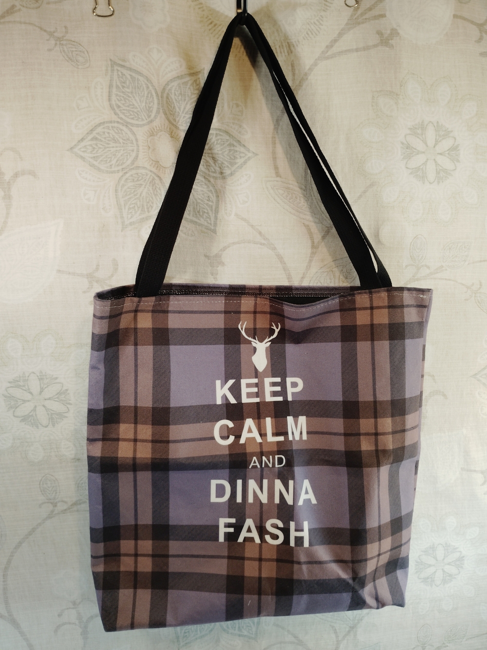 Keep Calm And Dinna Fash Plaid Lavender and Brown Shoulder Tote Bag